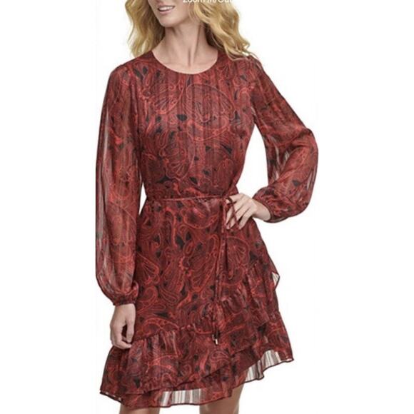 NWT Tommy Hilfiger Sz 8 Lined Asymetrical Ruffle Belt Zipper Blouson Sleeve Red - Picture 1 of 13